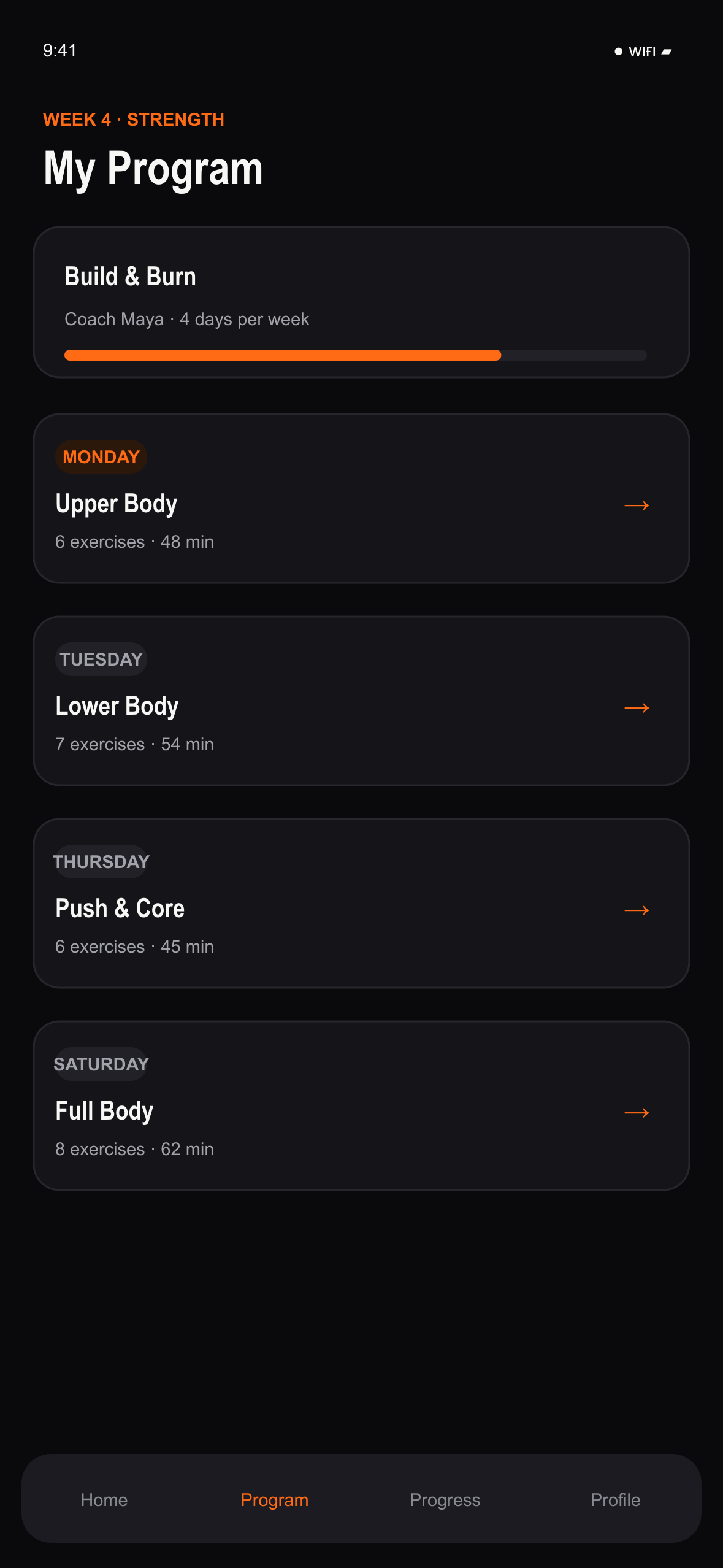 MemberFit training program in dark mode
