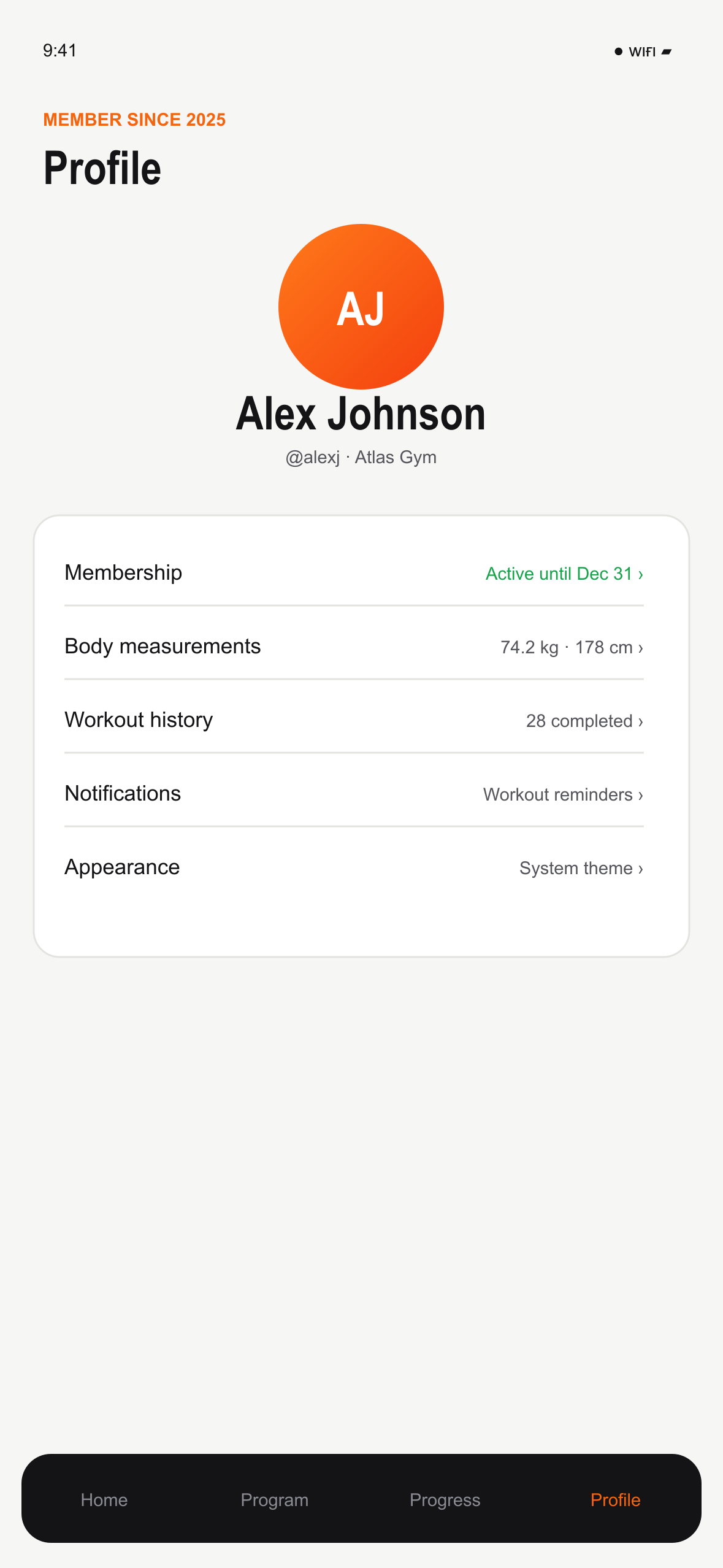 MemberFit profile light mode